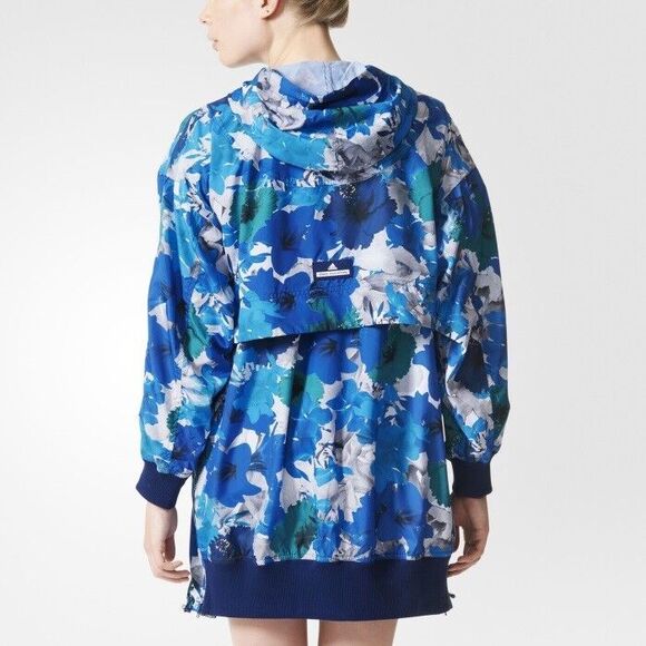 NWT New $275 Womens Adidas Stella McCartney Hood Jacket Run Pullover Blue M Flor - Picture 1 of 11